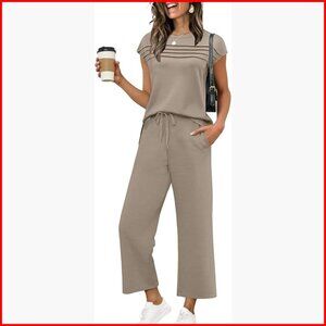 Women's Two Piece Lounge Set Cap Sleeve Top Wide Leg Pants S-3XL